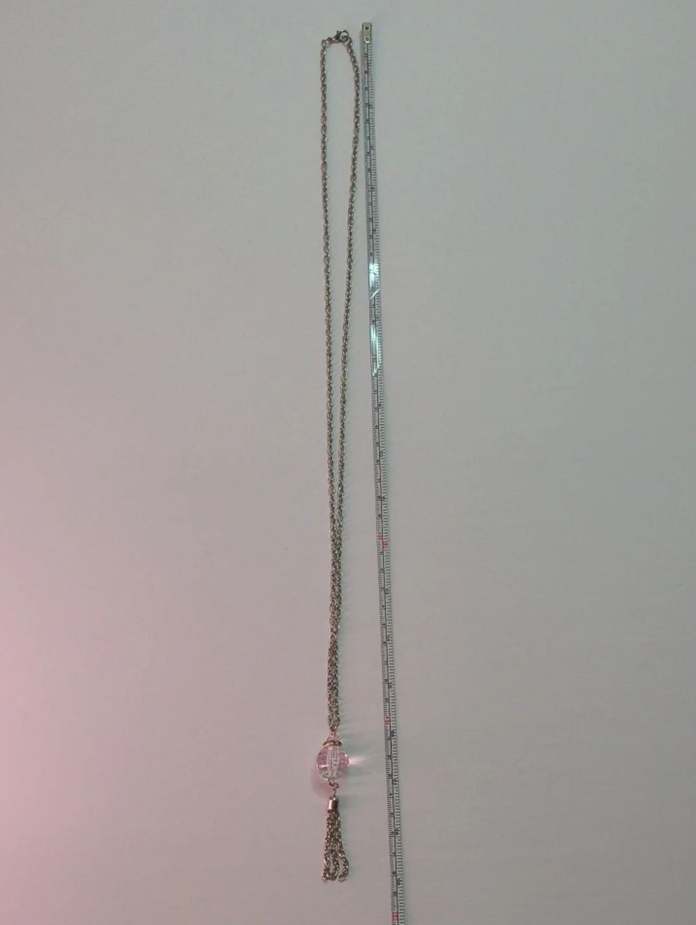 Delicate Silver-Tone Long Necklace with Pink & Clear Crystal Ball Tassel Pendant